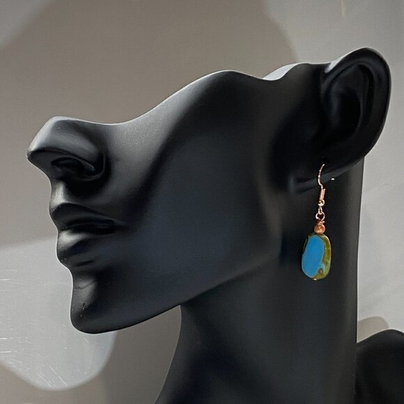 ❤️ Turquoise Picasso Czech Pressed Table Cut Glass Earrings - Picture 2 of 10